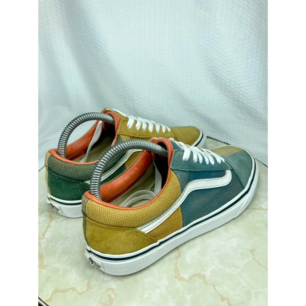 Vans Multi Color Block Skater Shoes Women 8.5 Green Tan Patchwork Retro Sneakers